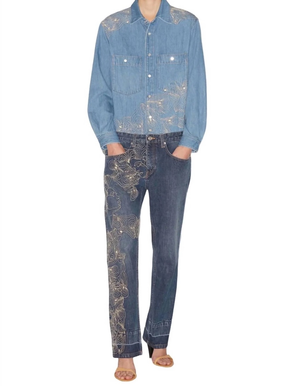 Isabel Marant Imane Embroidered Two-Tone Long Sleeve Denim Jumpsuit, NWT, 38(M)